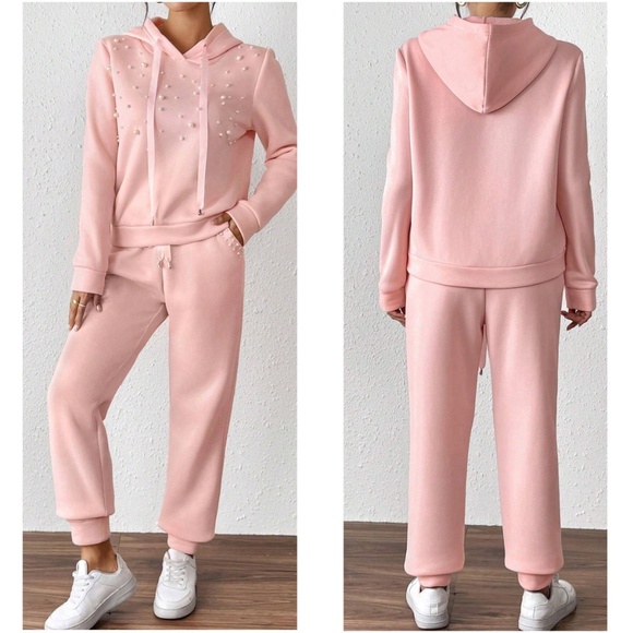 Cozy Fleece Lined Faux Pearl Hoodie Jogger Pants Set - Picture 3 of 12